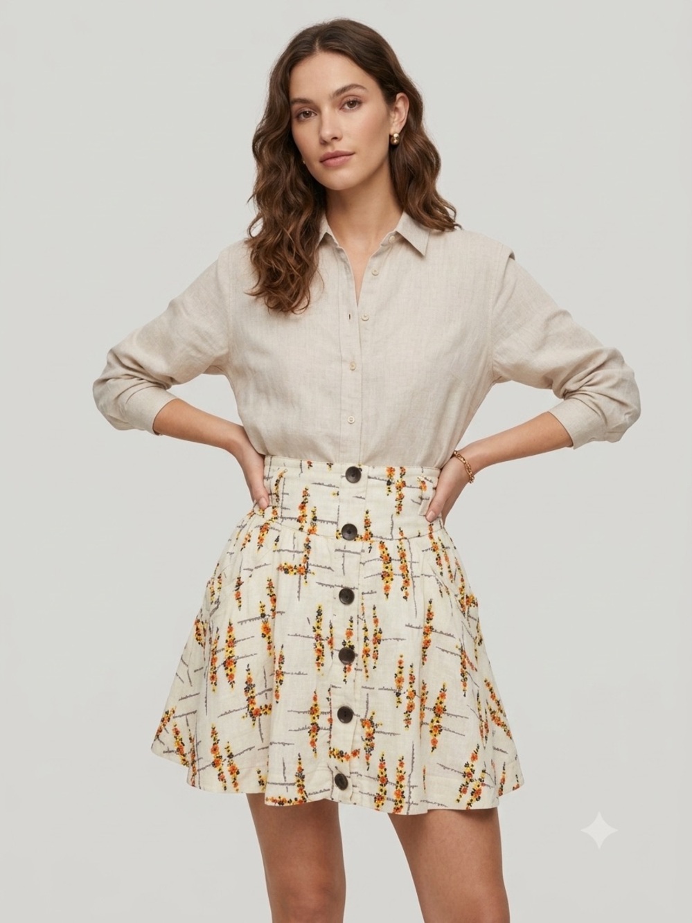 Free People Floral Linen Cotton Button Front Mini Skirt Ivory Women's Size S